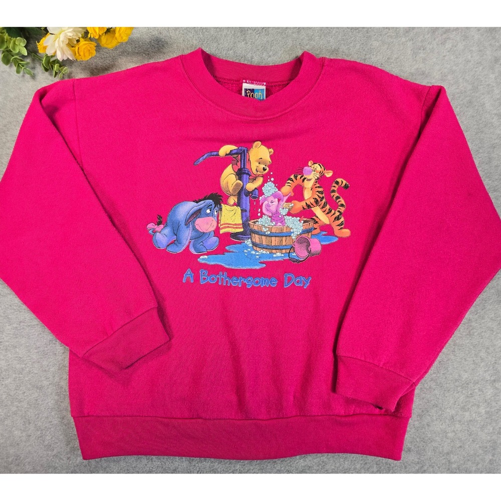 Pooh Crewneck Kids Large Pink Bothersome Day Vintage 90s Graphic Fleece Sweater
